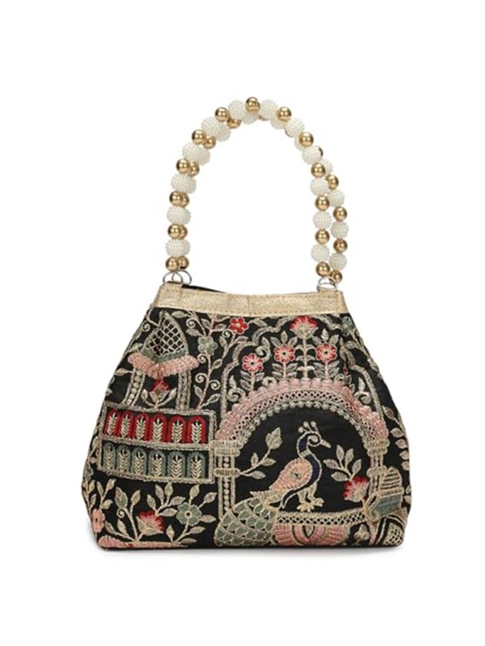 Vintage Peacock Floral Embroidered Potli Bag with Pearl Beaded Handle, Evening